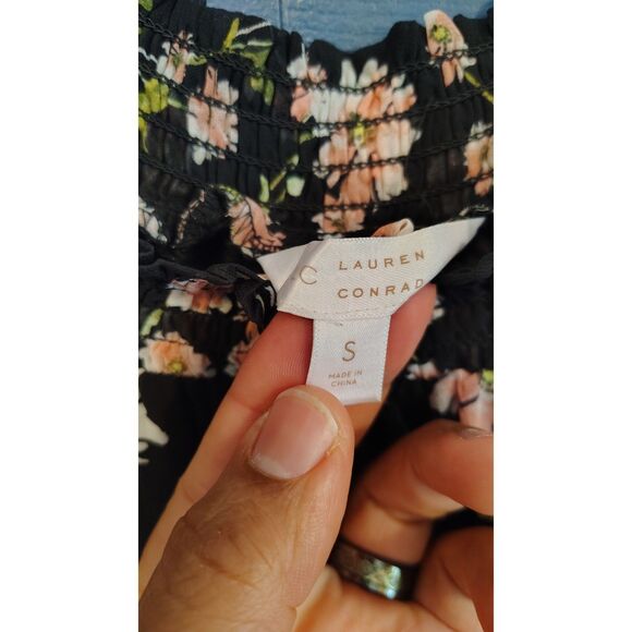 LC Lauren Conrad Women's Small Black Floral Smocked Midi Dress - Picture 4 of 7